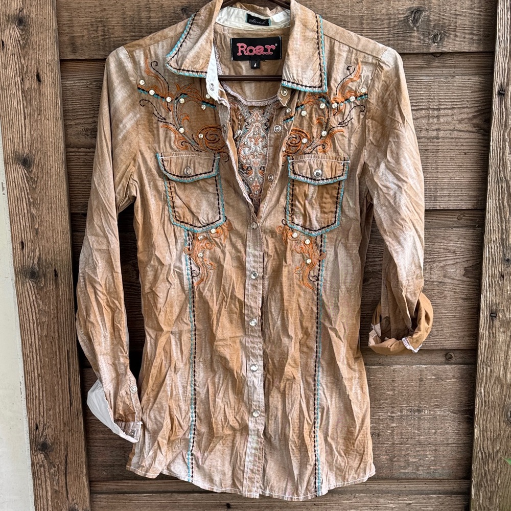 Roar Tan and Blue Embroidered Women’s Shirt